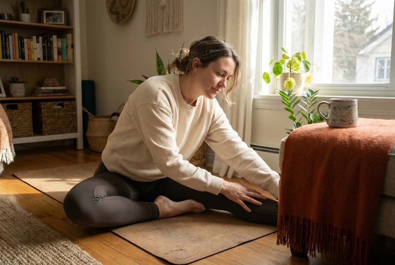 A woman resting after a home workout